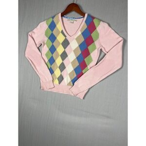 VTG Tommy Hilfiger Sweater Womens M Pink Argyle V-Neck Cotton Preppy Elbow Patch